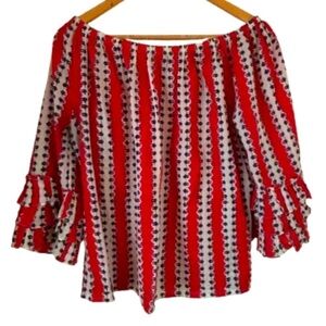 Roller Rabbit off the shoulder red blu & wht cotton blouse w ruffle sleeves SZ S